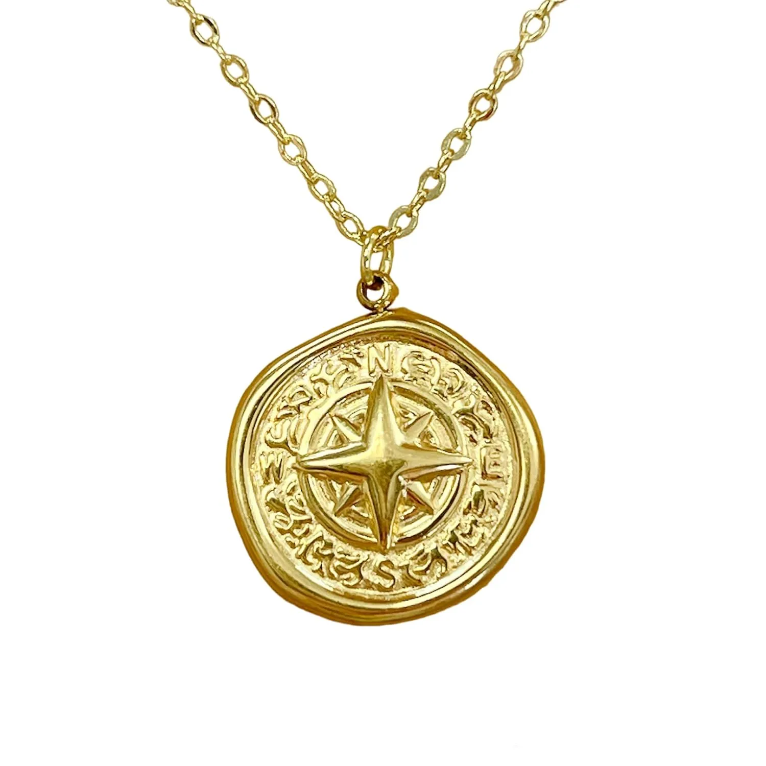 Nautical jewelry compass necklace gold coin plated north star pendant for women