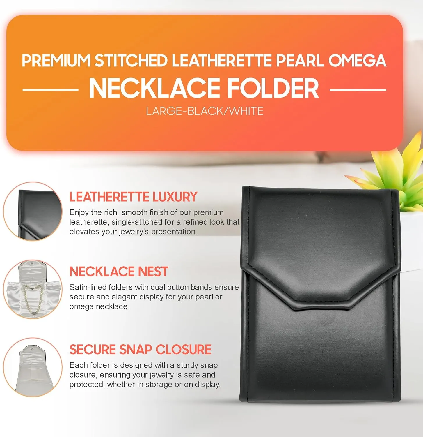 Necklace Display Pearl Folder 7x5 inch Small Travel Jewelry Case - Wedding Jewelry Storage Holder with Smooth Finish - Jewelry Organizer Necklace Box - Black/White Stitched