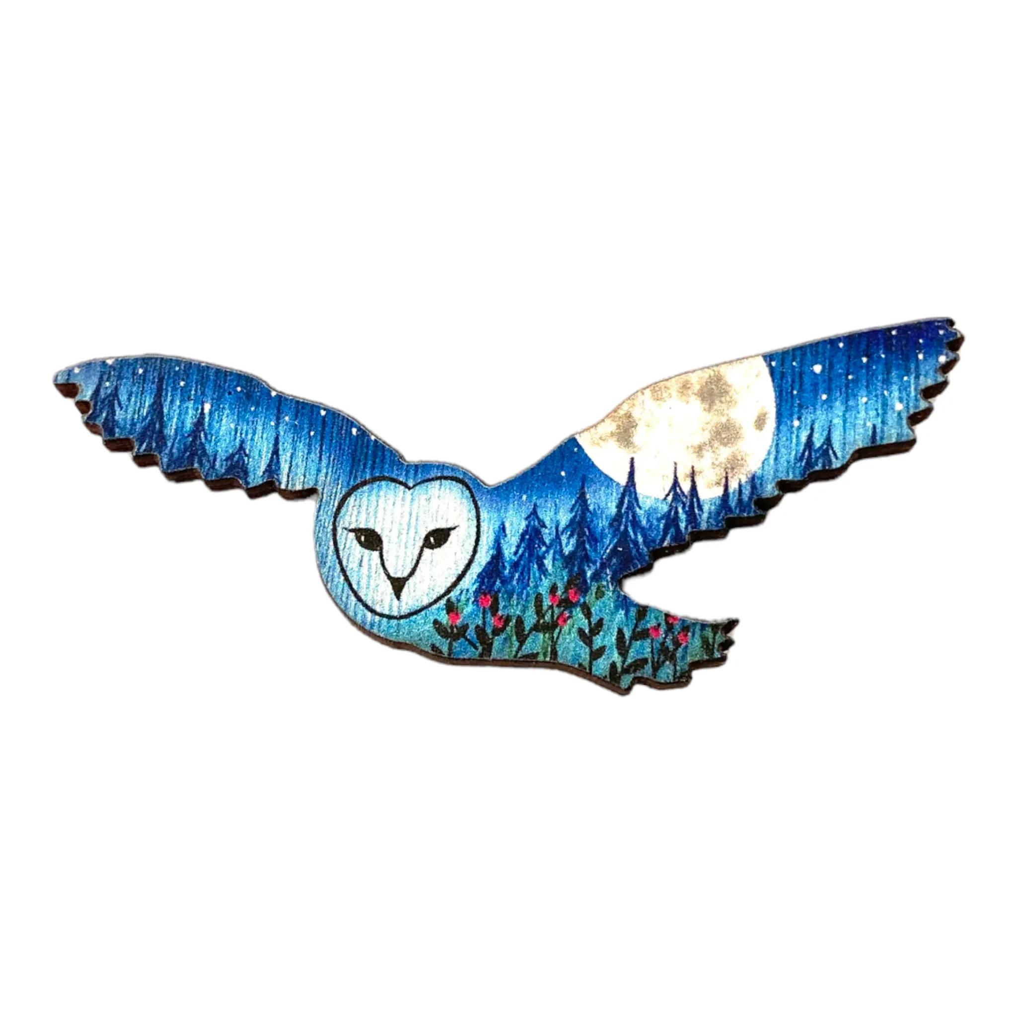 Night Owl, Flying Owl Wooden Brooch