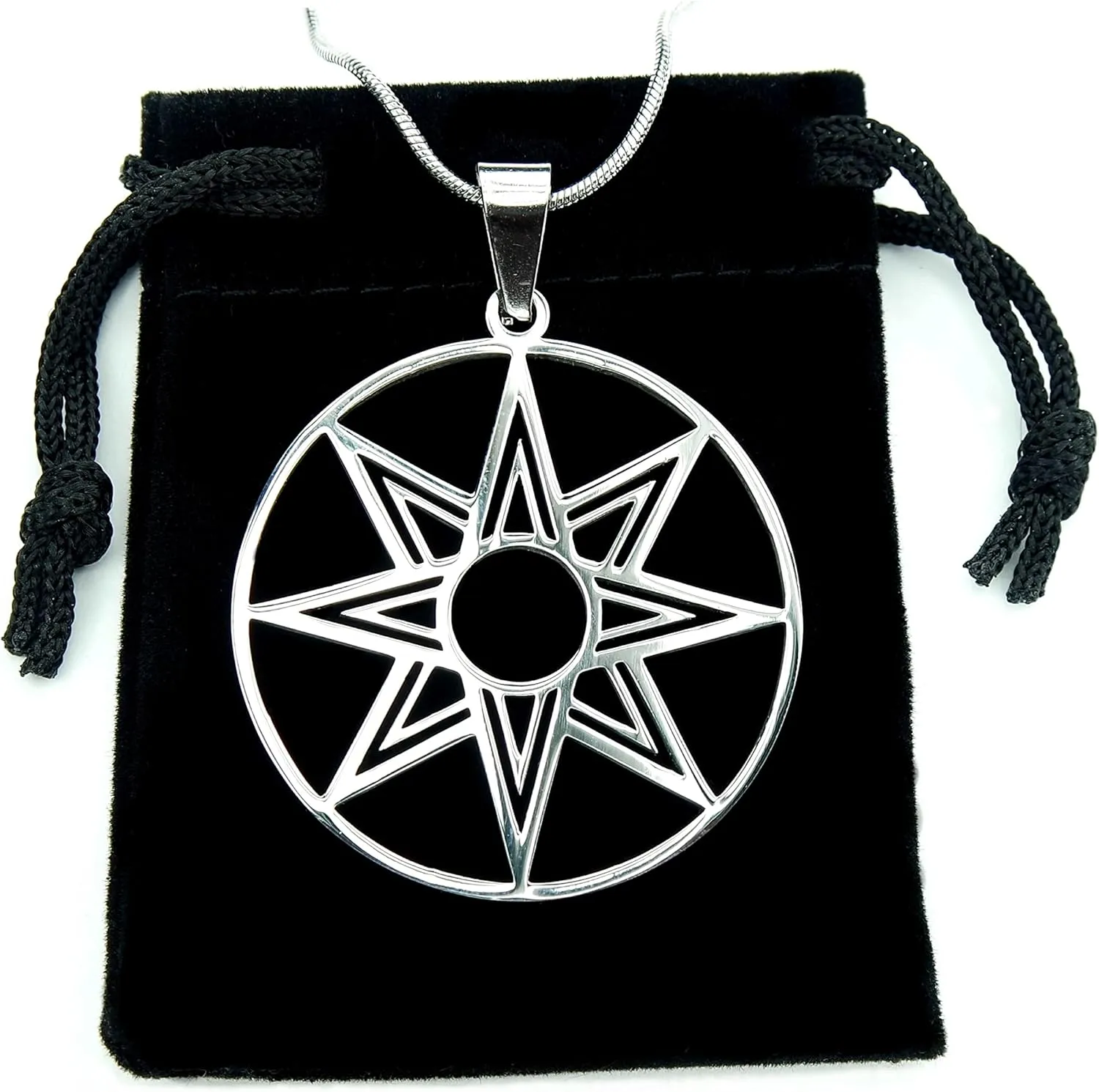 Octagram Necklace With 20-Inch Chain, Pure 304 Stainless Steel, 8-Point Star of Ishtar/Innana, Venus Charm Octogram Pendant and Black Drawstring Bag, Silver