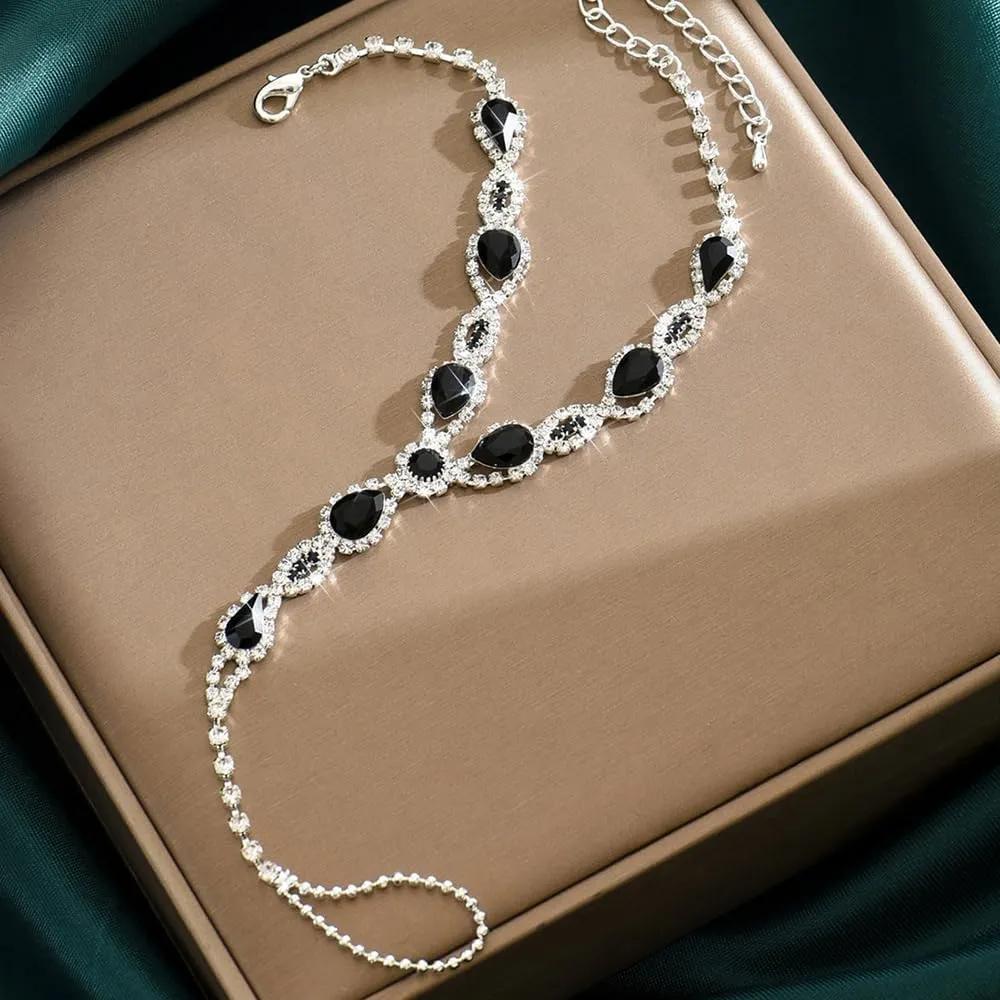 Octwine Boho Summer Black Silver Beach Rhinestone Foot Chain with Toe Ring Rhinestones Crystal Anklets Wedding Bridal Rhinestone Foot Chain Anklet for Women 1Pcs
