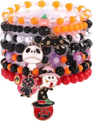 OIDIMS Halloween Bracelets Set for Women Men Cute Skull Star Beaded Stretch Bracelets Friendship Boho Beach Jewelry Bizarre Pumpkin Horror Ghost Bracelet Multi Layer Stacked Band
