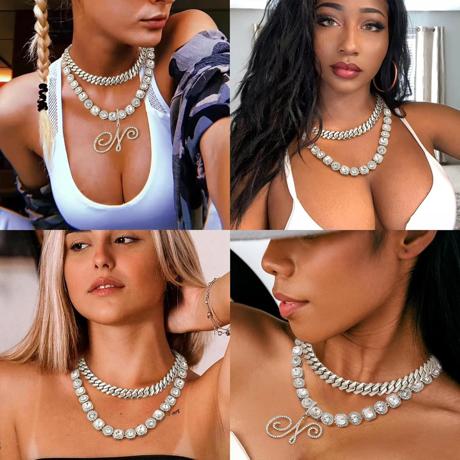 ORAZIO Initial Cuban Link Chain Necklace for Women Silver 18K Gold Plated Cursive Letter Name Necklaces Layered Iced Out Chain Necklace Hip Hop Jewelry