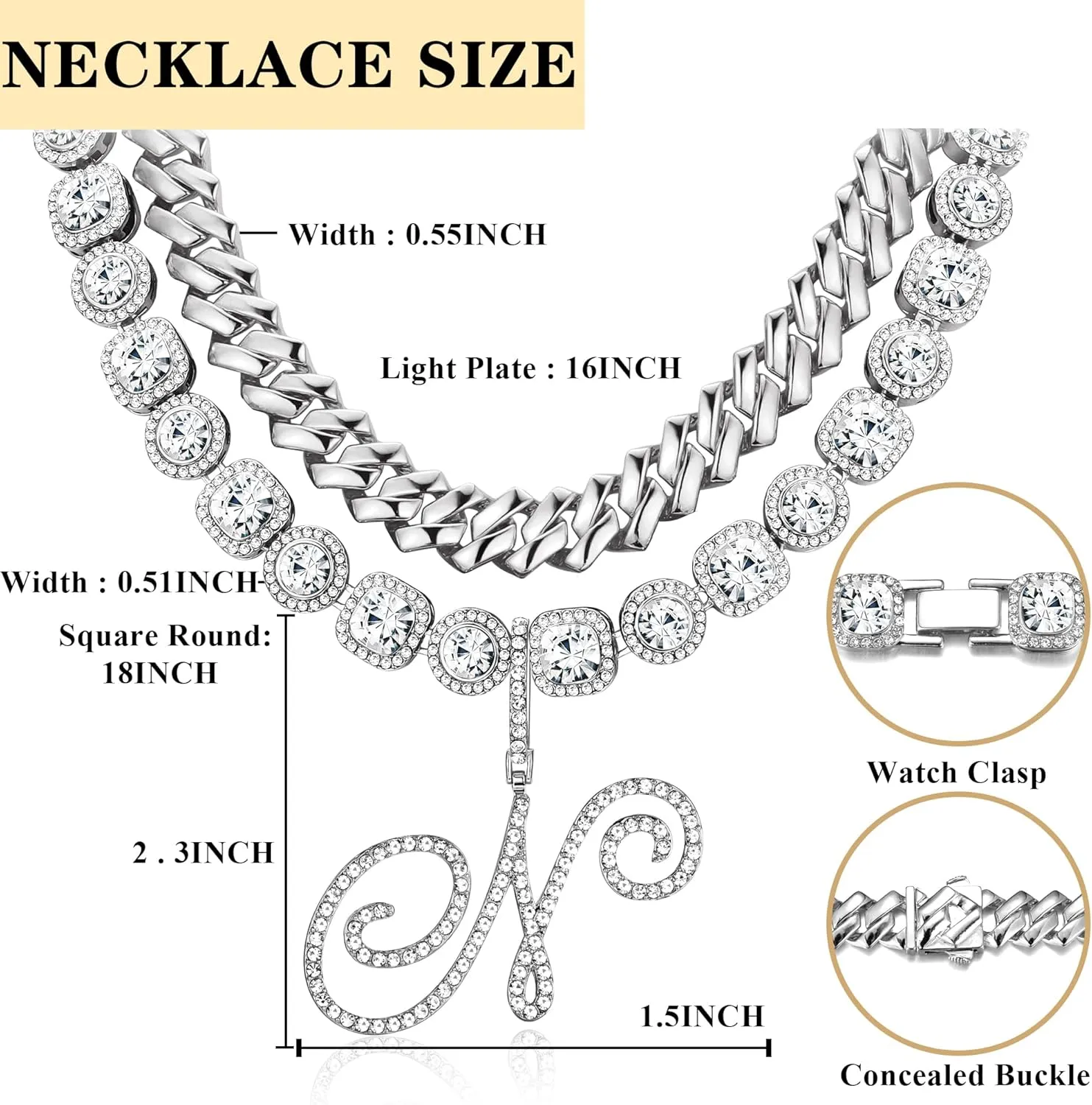 ORAZIO Initial Cuban Link Chain Necklace for Women Silver 18K Gold Plated Cursive Letter Name Necklaces Layered Iced Out Chain Necklace Hip Hop Jewelry