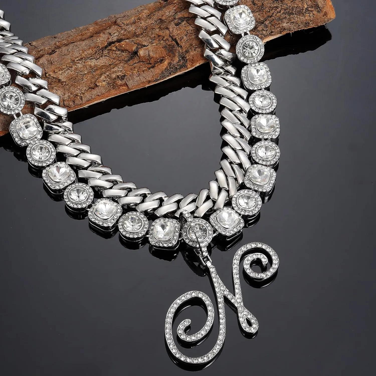 ORAZIO Initial Cuban Link Chain Necklace for Women Silver 18K Gold Plated Cursive Letter Name Necklaces Layered Iced Out Chain Necklace Hip Hop Jewelry