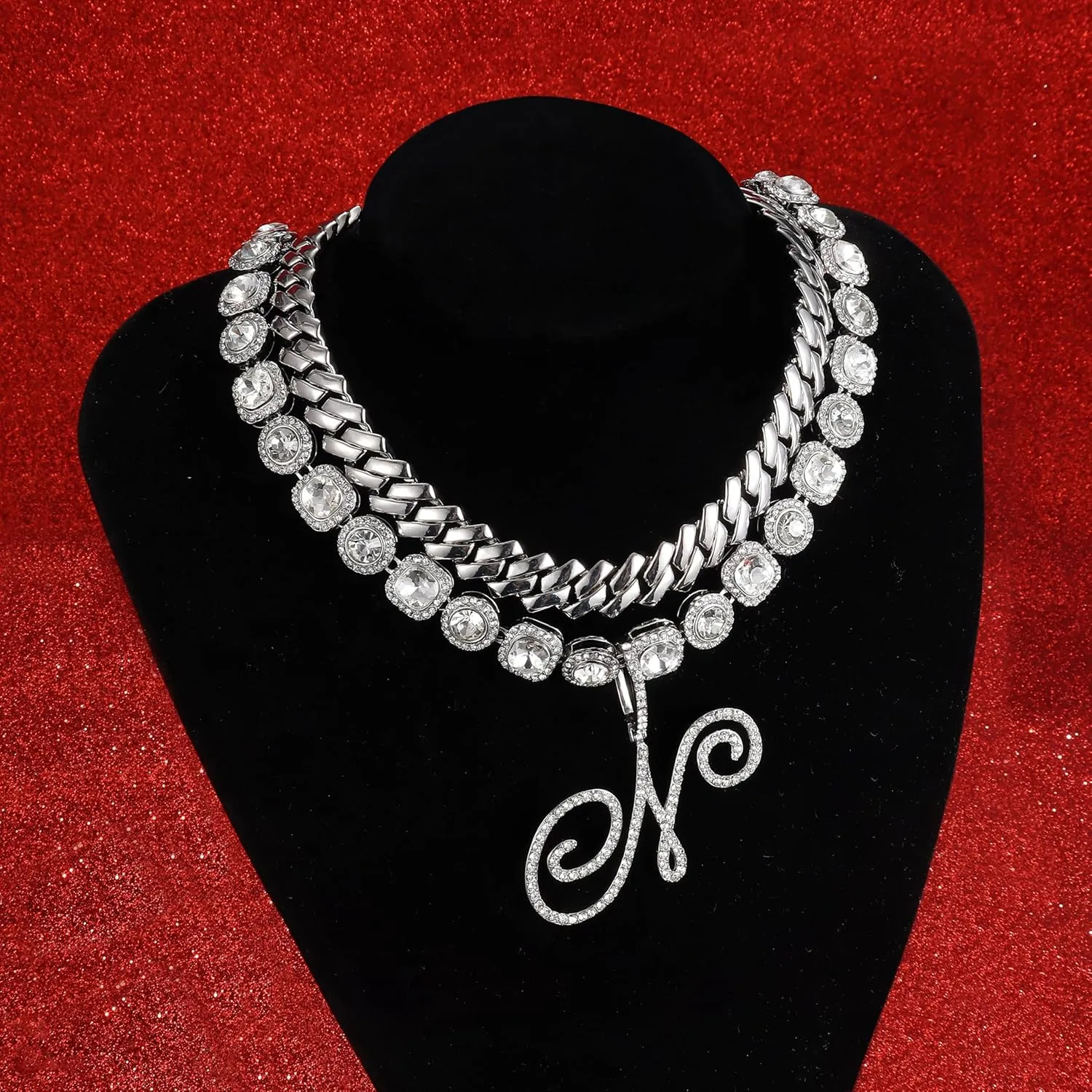ORAZIO Initial Cuban Link Chain Necklace for Women Silver 18K Gold Plated Cursive Letter Name Necklaces Layered Iced Out Chain Necklace Hip Hop Jewelry