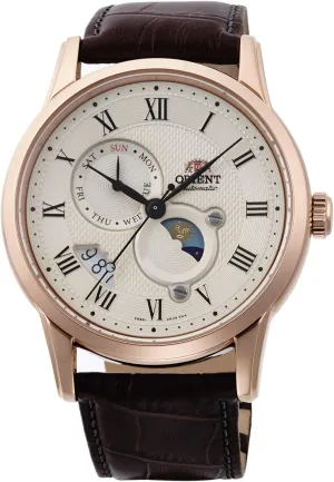 Orient Classic Sun & Moon AK00 Men's Automatic Manual Winding Watch, Champagne Leather, Classic