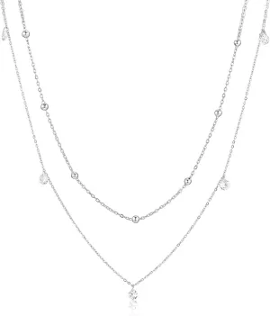 Ornaland Double Layer Long Chain Necklace with Beads and Zircons Stainless Steel Sweater Necklace Simple Adjustable Chain Necklace Trendy Statement Necklace Neck Jewelry for Women