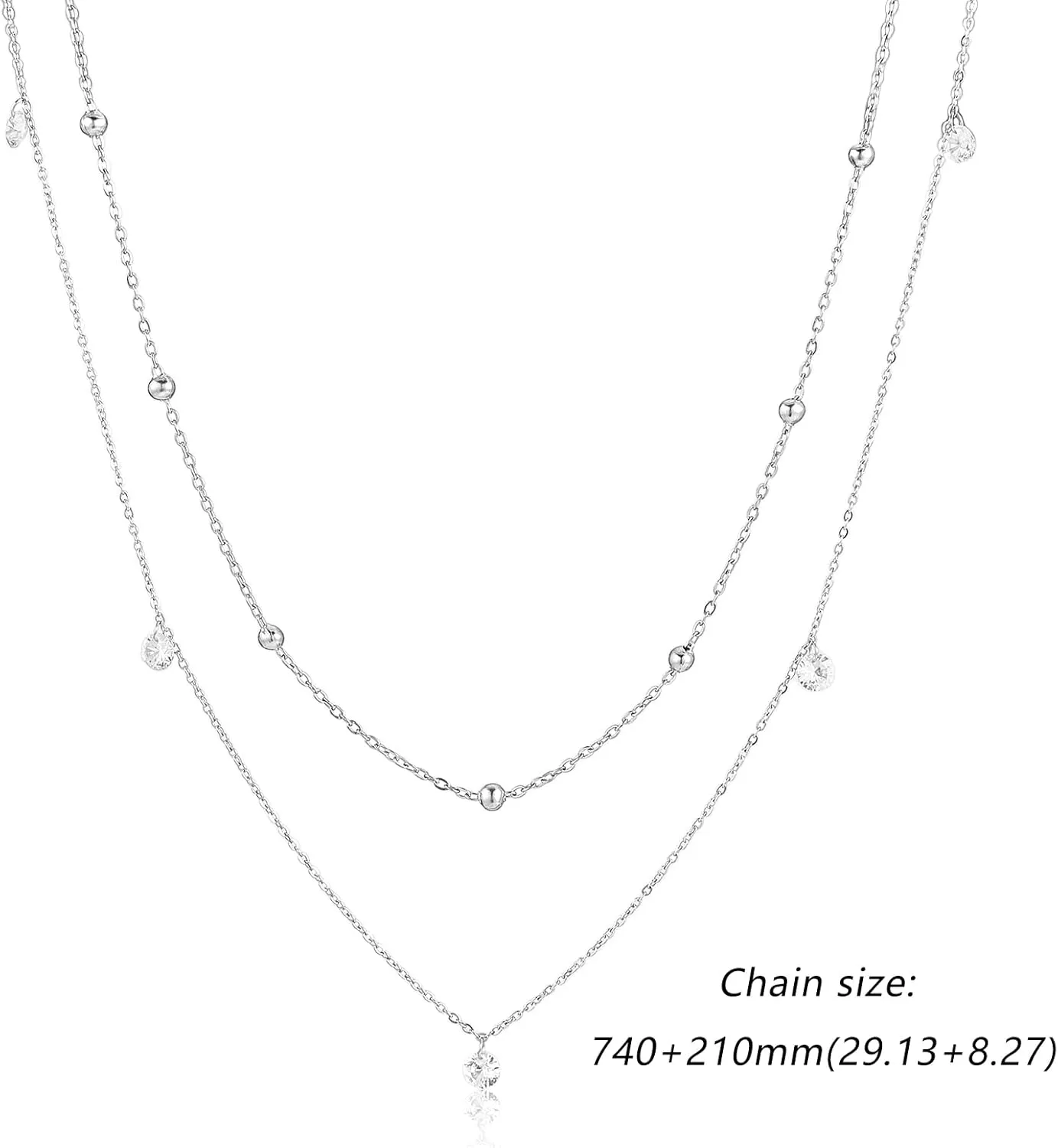Ornaland Double Layer Long Chain Necklace with Beads and Zircons Stainless Steel Sweater Necklace Simple Adjustable Chain Necklace Trendy Statement Necklace Neck Jewelry for Women