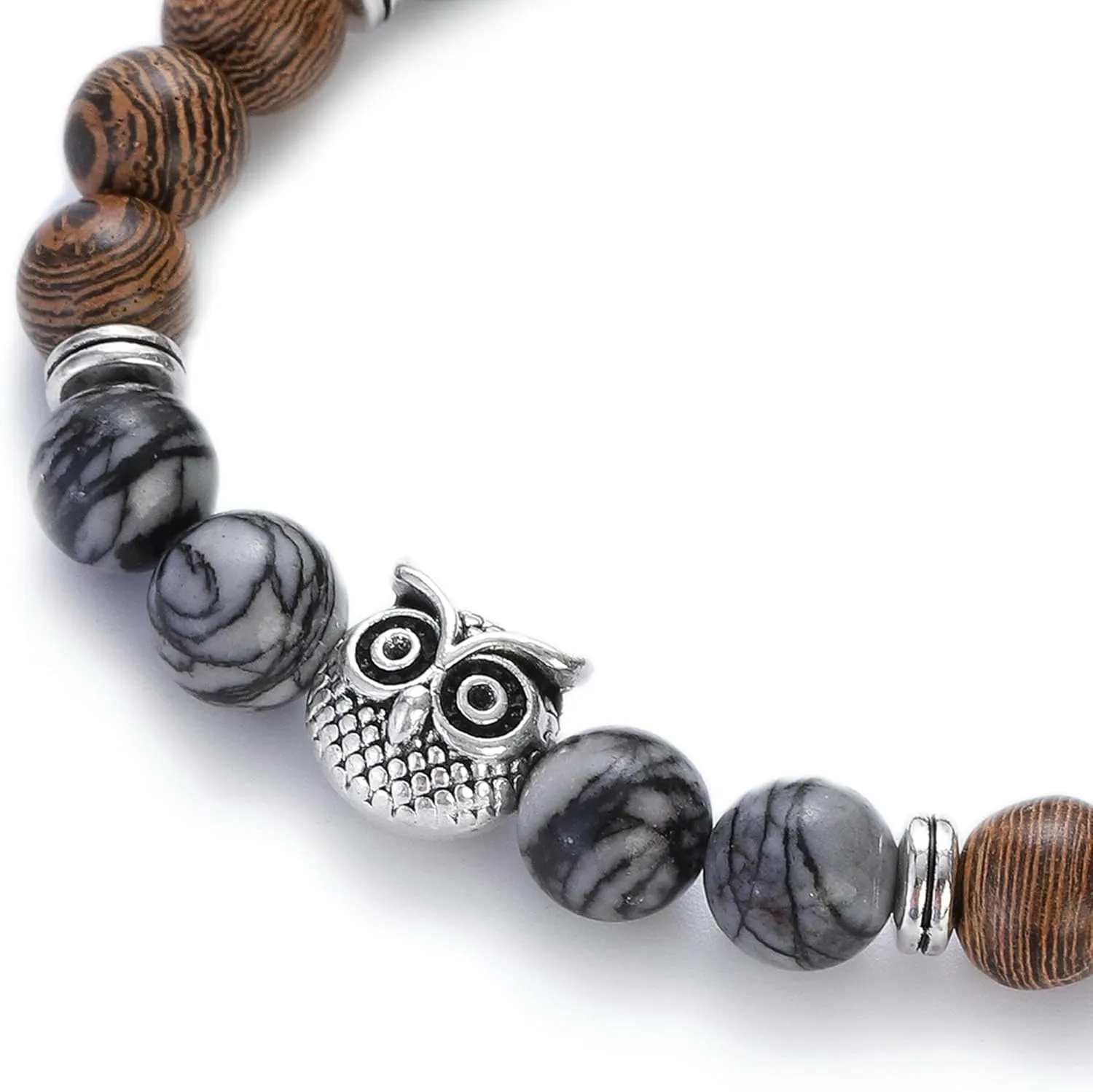 Owl Wooden Beads Meditation Prayer Stretch Bracelets Women Men Yoga Bracelet-3