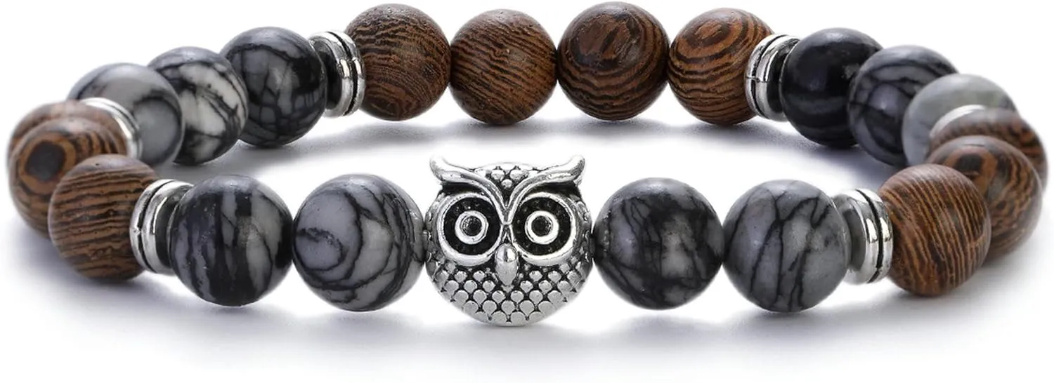 Owl Wooden Beads Meditation Prayer Stretch Bracelets Women Men Yoga Bracelet-3