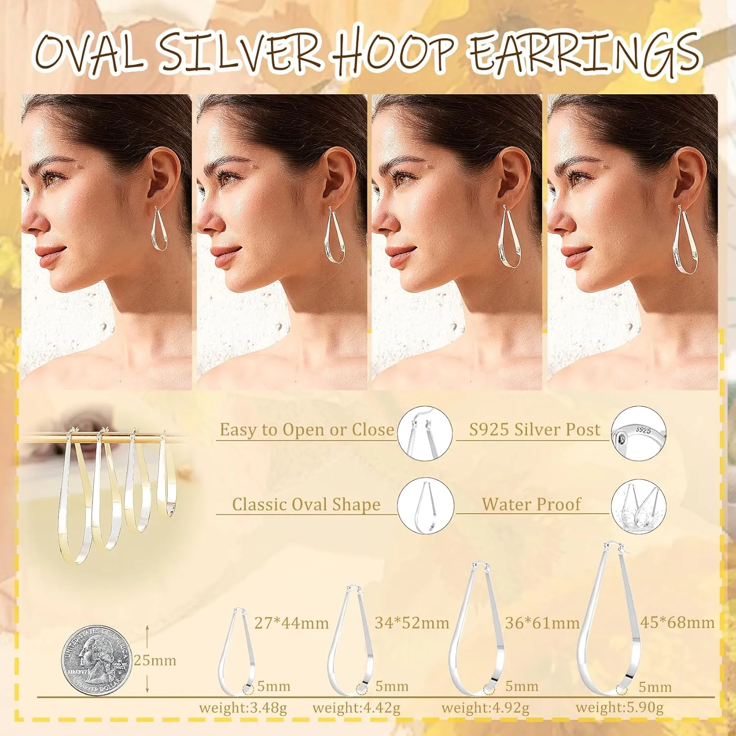PABBEU S925 Sterling Silver Hoop Earrings Lightweight Oval Silver Hoop Earrings for Women Hypoallergenic 14k Gold Plated Hoops Earring Large Gold Hoops Earring for Women Gift (Inner Diameter27/34/36/45mm)