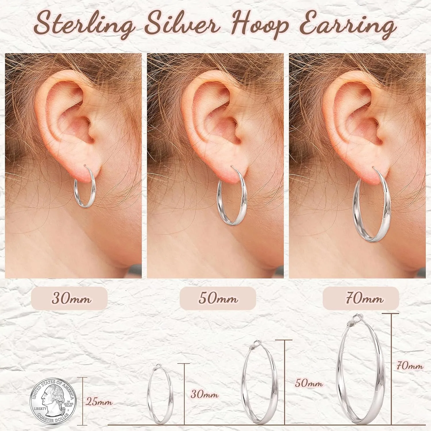 PABBEU S925 SterlingSilver Hoop Earrings Hypoallergenic Silver Hoop Earrings for Women Lightweight Large Sterling Silver Hoops Earring 30/50/70mm