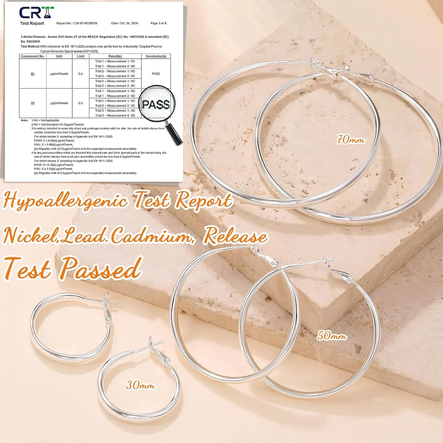 PABBEU S925 SterlingSilver Hoop Earrings Hypoallergenic Silver Hoop Earrings for Women Lightweight Large Sterling Silver Hoops Earring 30/50/70mm