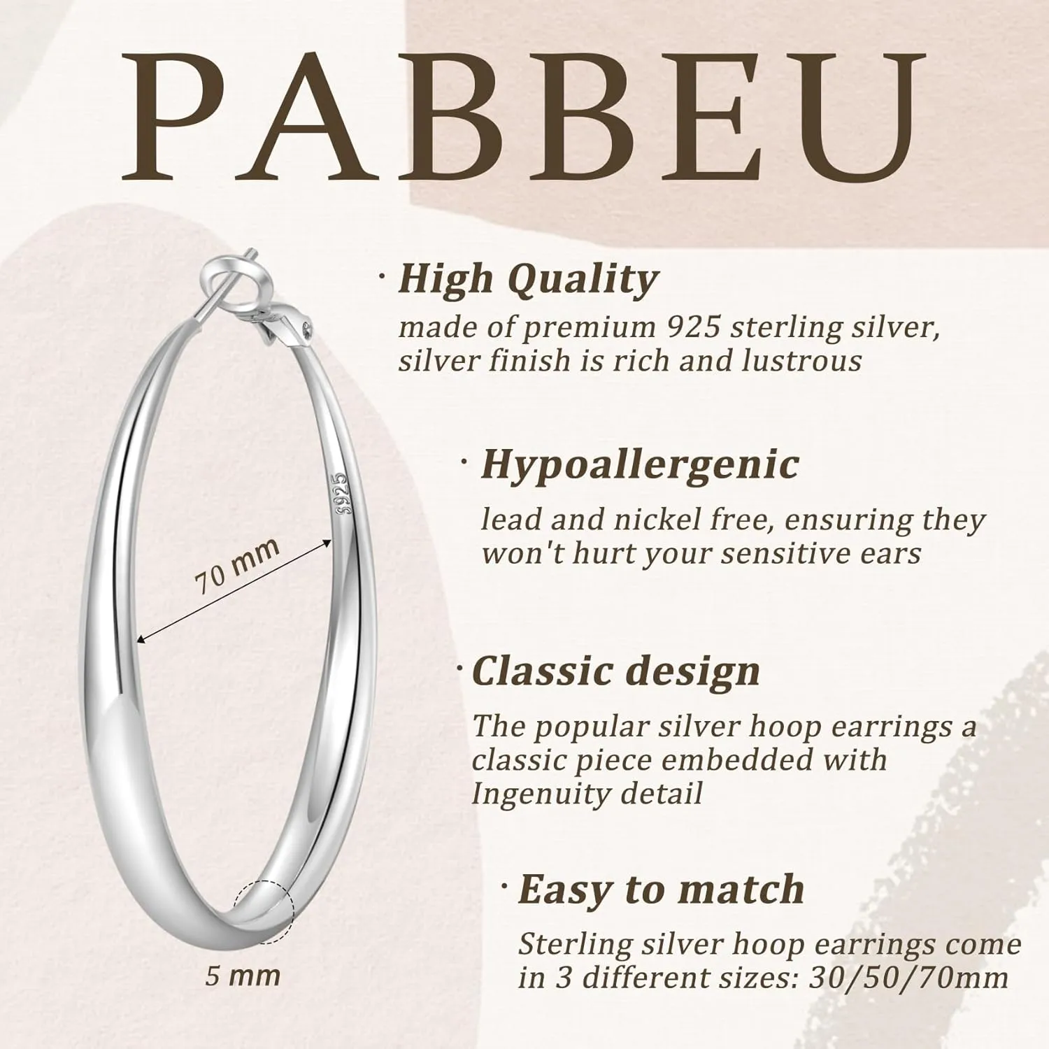 PABBEU S925 SterlingSilver Hoop Earrings Hypoallergenic Silver Hoop Earrings for Women Lightweight Large Sterling Silver Hoops Earring 30/50/70mm