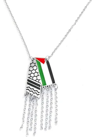 Palestine Flag Necklace for Women Men - Exquisite Palestinian Keffiyeh Pendant with Tassels Shining Rhinestone Necklace Gold Stainless Steel Jewelry Accessories Gifts