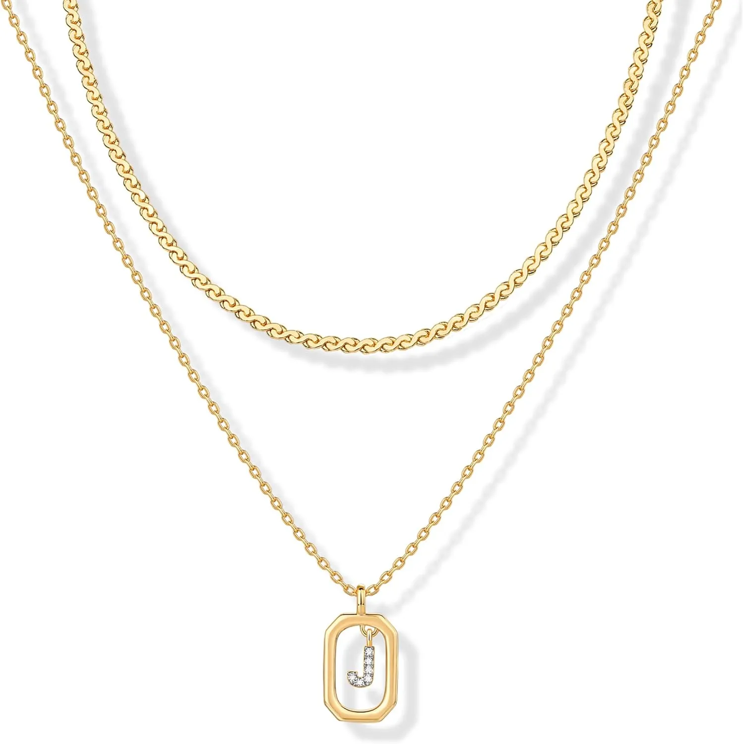 PAVOI 14K Gold Plated Cubic Zirconia Letter Pendant Layered Necklace | Framed Initial Letter Cable Singapore Chains Layering Necklaces for Women