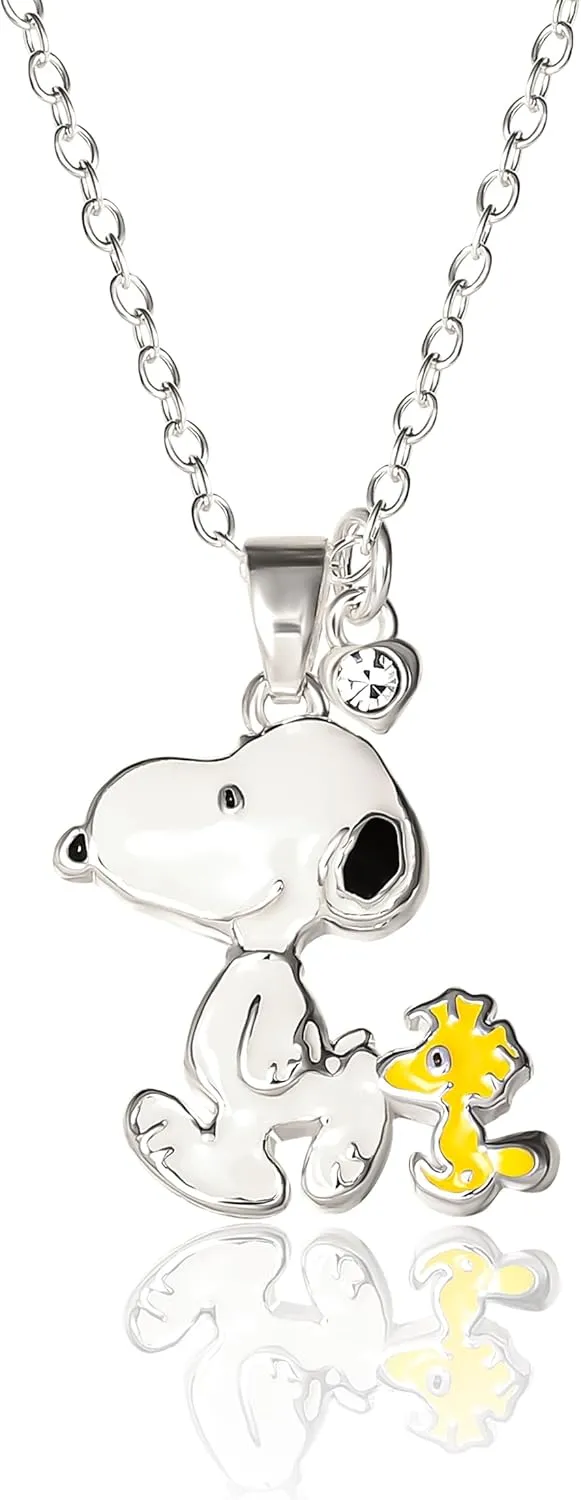 PEANUTS Snoopy and Woodstock Necklace for Women 16" 2" Official License, Silver Flash-Plated Woodstock Snoopy Necklace