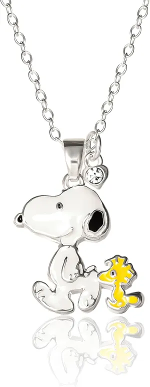 PEANUTS Snoopy and Woodstock Necklace for Women 16" 2" Official License, Silver Flash-Plated Woodstock Snoopy Necklace