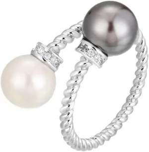 Pearl Open Ring for Women Double Beads Pearls Spiral Wrap Finger Band Cubic Zirconia Stacking Statement Promise Rings Elegant Adjustable Bands Jewelry