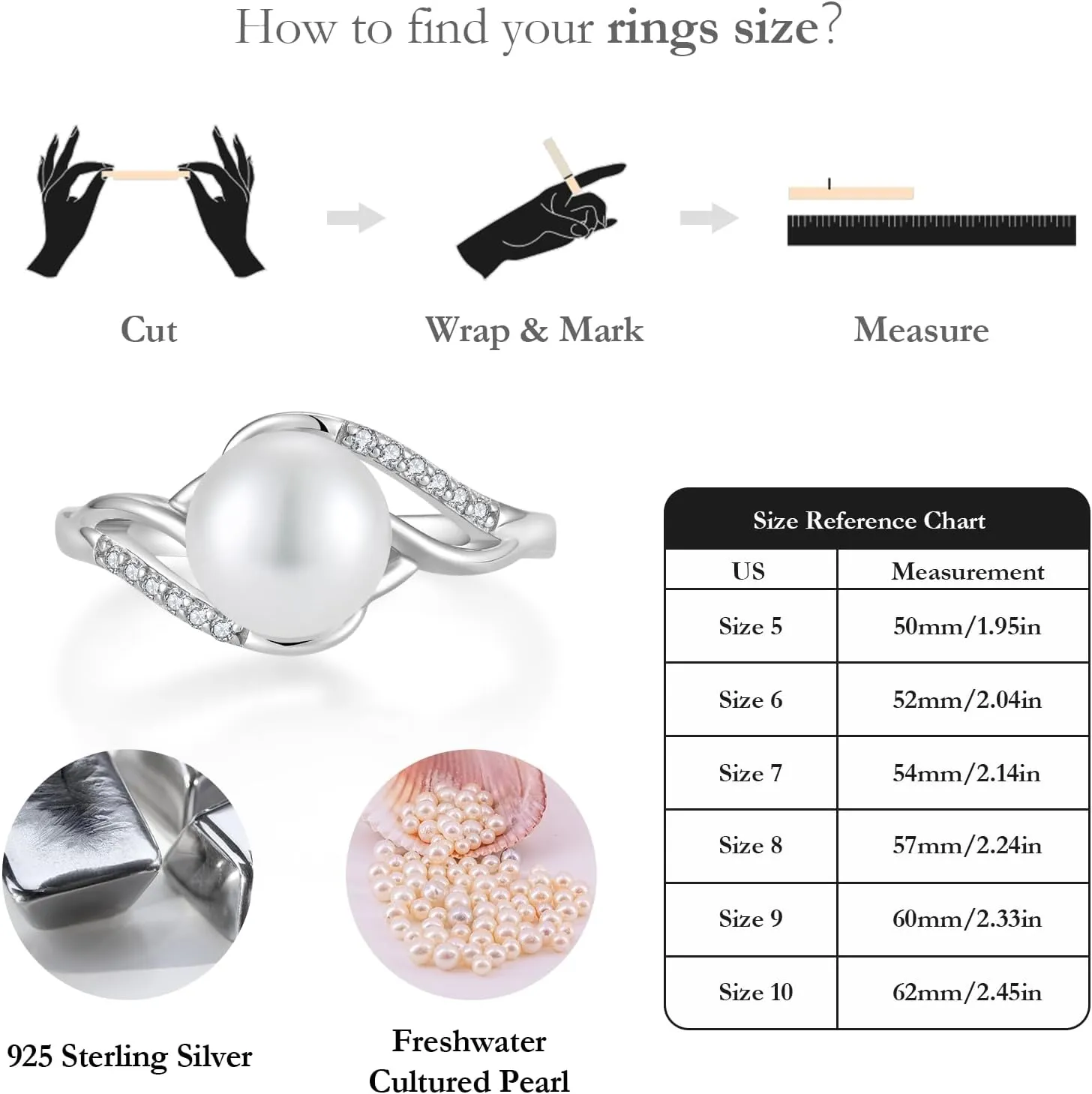 Pearl Rings for Women 925 Silver Freshwater Real Pearl CZ Rings for Wedding Engagement Anniversary