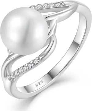 Pearl Rings for Women 925 Silver Freshwater Real Pearl CZ Rings for Wedding Engagement Anniversary