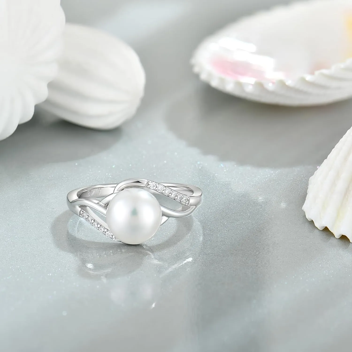 Pearl Rings for Women 925 Silver Freshwater Real Pearl CZ Rings for Wedding Engagement Anniversary