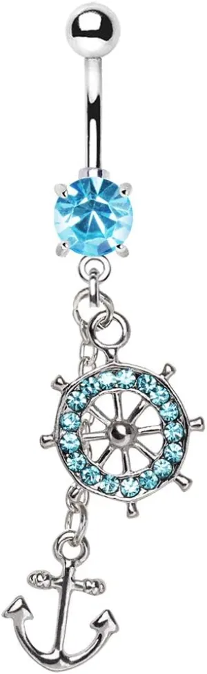 Pierced Owl Aqua Ship Wheel and Anchor Dangle Charm Nautical Belly Button Navel Ring