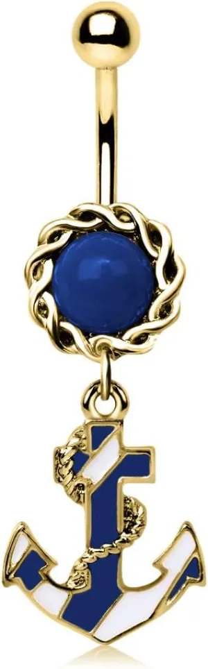Pierced Owl Gold Plated Nautical Striped Anchor Charm Dangling Belly Button Navel Ring