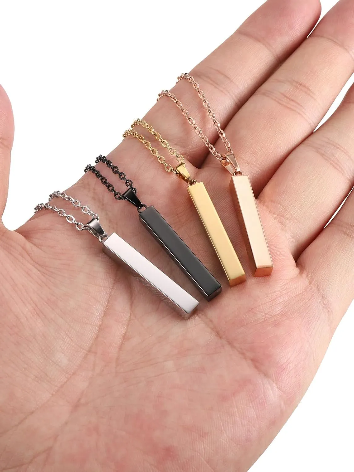 PiercingJ 4 Side Engraving Personalized Custom Message Name Bar Necklace Stainless Steel Pendant Chain for Men Women Valentine's Day Gift Box