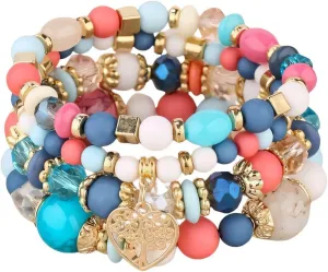 Pingyongchang Stackable Multi Layer Bohemian Bead Bracelets for Women Handmade Colorful Stack Beads Heart Charm Stretch Bangles Bracelet Holiday Beach Anklets Jewelry Bracelets 4 pieces