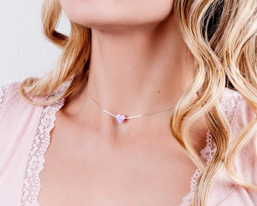 Pink Opal Heart On Thin Sterling Silver 925 Choker Necklace - Handmade Minimal Necklace For Women- Length: 13.5 inch   3 inch Extender (sterling silver, pink)