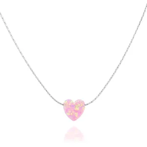 Pink Opal Heart On Thin Sterling Silver 925 Choker Necklace - Handmade Minimal Necklace For Women- Length: 13.5 inch   3 inch Extender (sterling silver, pink)
