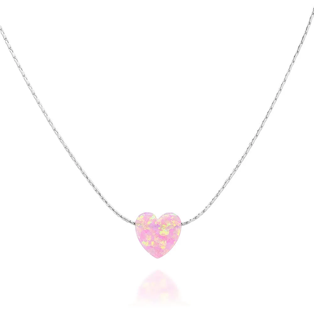 Pink Opal Heart On Thin Sterling Silver 925 Choker Necklace - Handmade Minimal Necklace For Women- Length: 13.5 inch   3 inch Extender (sterling silver, pink)