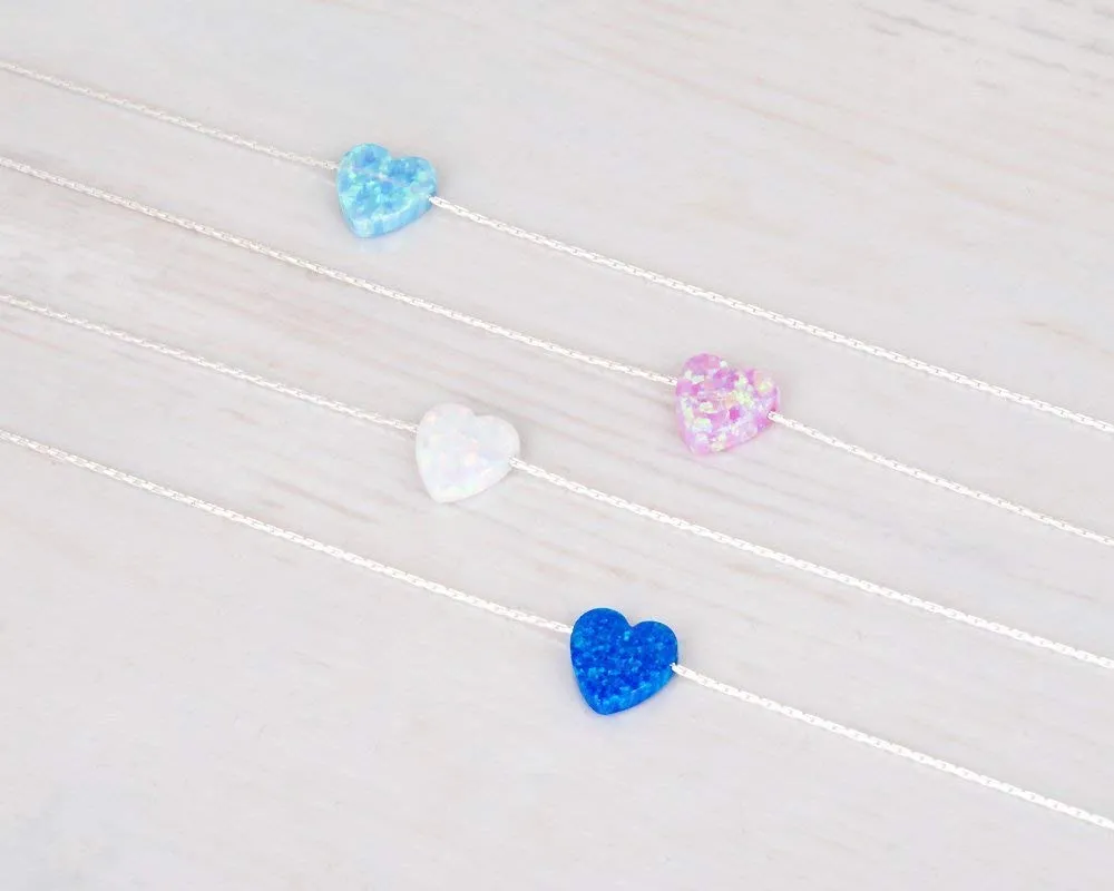 Pink Opal Heart On Thin Sterling Silver 925 Choker Necklace - Handmade Minimal Necklace For Women- Length: 13.5 inch   3 inch Extender (sterling silver, pink)