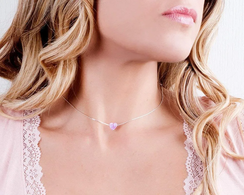 Pink Opal Heart On Thin Sterling Silver 925 Choker Necklace - Handmade Minimal Necklace For Women- Length: 13.5 inch   3 inch Extender (sterling silver, pink)