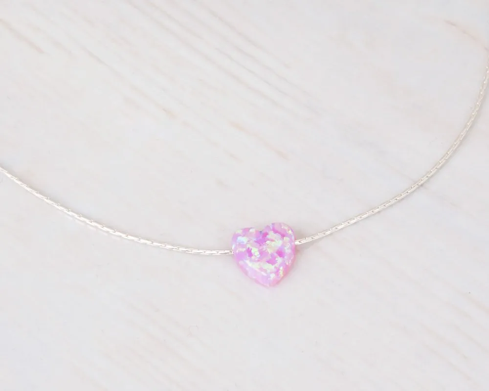 Pink Opal Heart On Thin Sterling Silver 925 Choker Necklace - Handmade Minimal Necklace For Women- Length: 13.5 inch   3 inch Extender (sterling silver, pink)