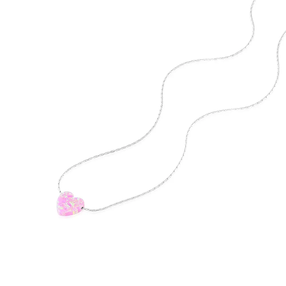 Pink Opal Heart On Thin Sterling Silver 925 Choker Necklace - Handmade Minimal Necklace For Women- Length: 13.5 inch   3 inch Extender (sterling silver, pink)