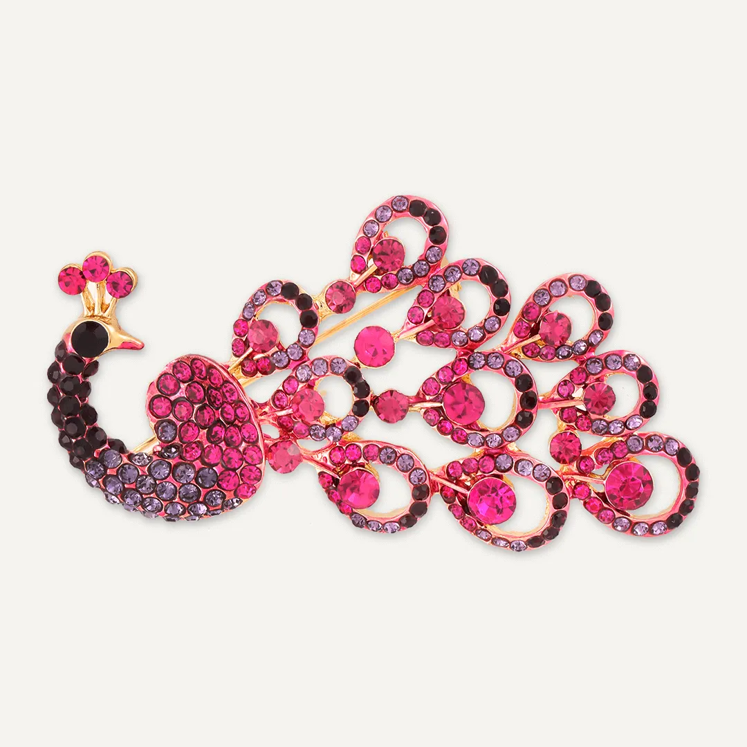 Pink Peacock Crystal Brooch In Gold-Tone