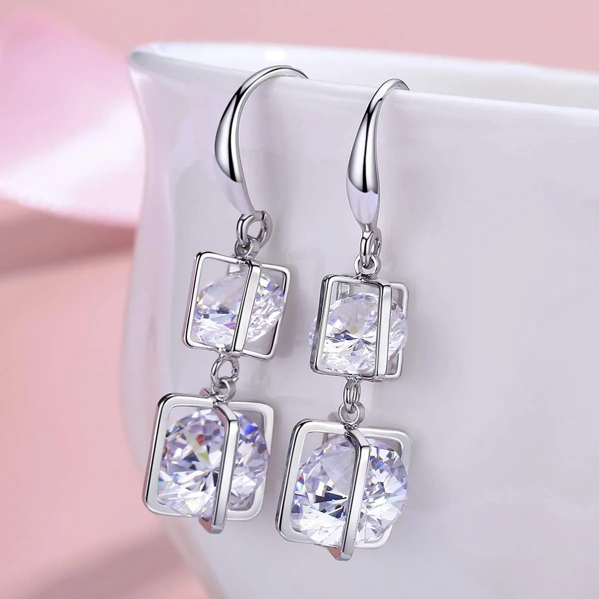 Platinum Plated or 18K Gold Plated or 18K Rose Gold Plated Cubic Zirconia Drop Earrings - Gifts for Women