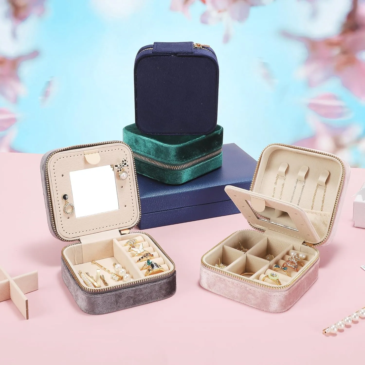 Plush Velvet Travel Jewelry Box for Women & Girls - Small Portable Organizer, Storage Case for Rings, Earrings, Necklaces & Bracelets  Ideal Gift for Travel & Occasions (Dark blue)