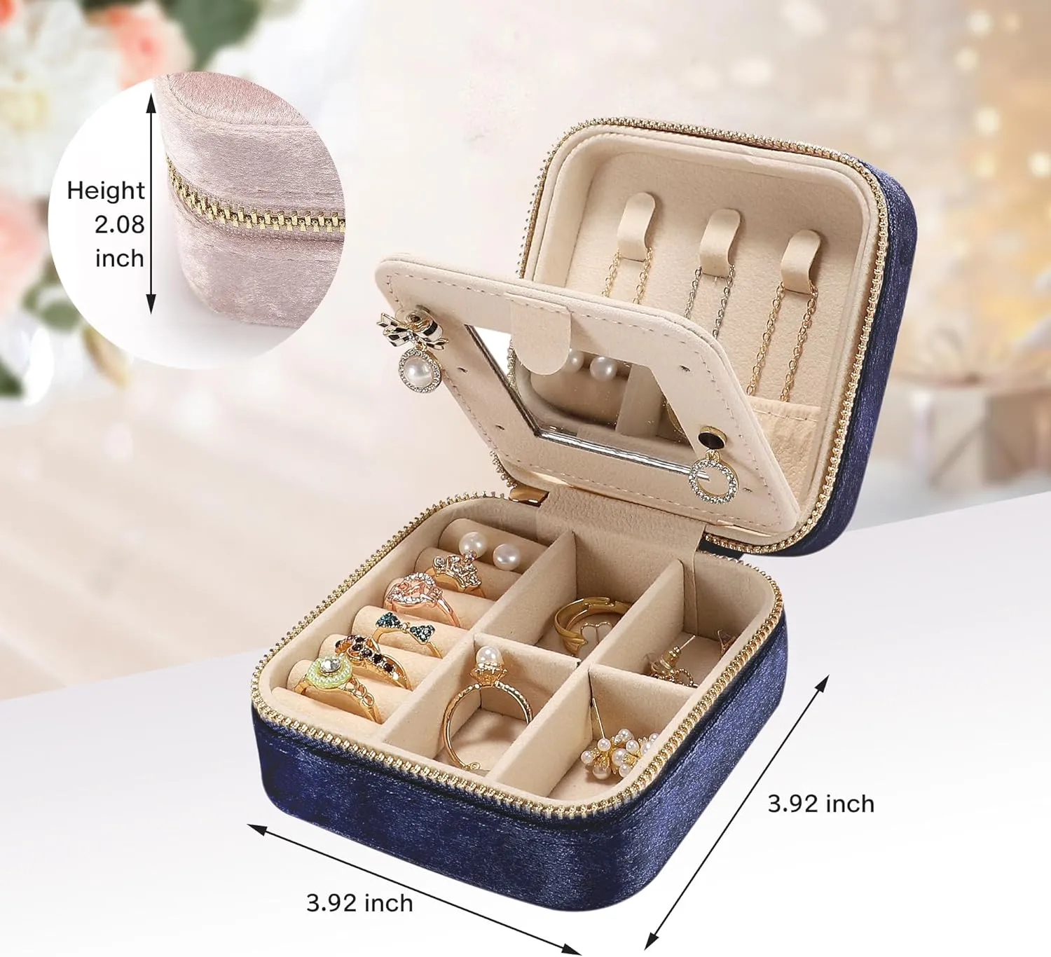 Plush Velvet Travel Jewelry Box for Women & Girls - Small Portable Organizer, Storage Case for Rings, Earrings, Necklaces & Bracelets  Ideal Gift for Travel & Occasions (Dark blue)