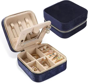Plush Velvet Travel Jewelry Box for Women & Girls - Small Portable Organizer, Storage Case for Rings, Earrings, Necklaces & Bracelets  Ideal Gift for Travel & Occasions (Dark blue)