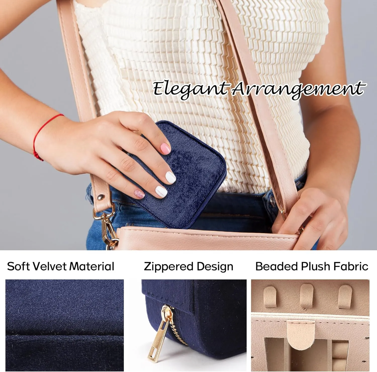 Plush Velvet Travel Jewelry Box for Women & Girls - Small Portable Organizer, Storage Case for Rings, Earrings, Necklaces & Bracelets  Ideal Gift for Travel & Occasions (Dark blue)