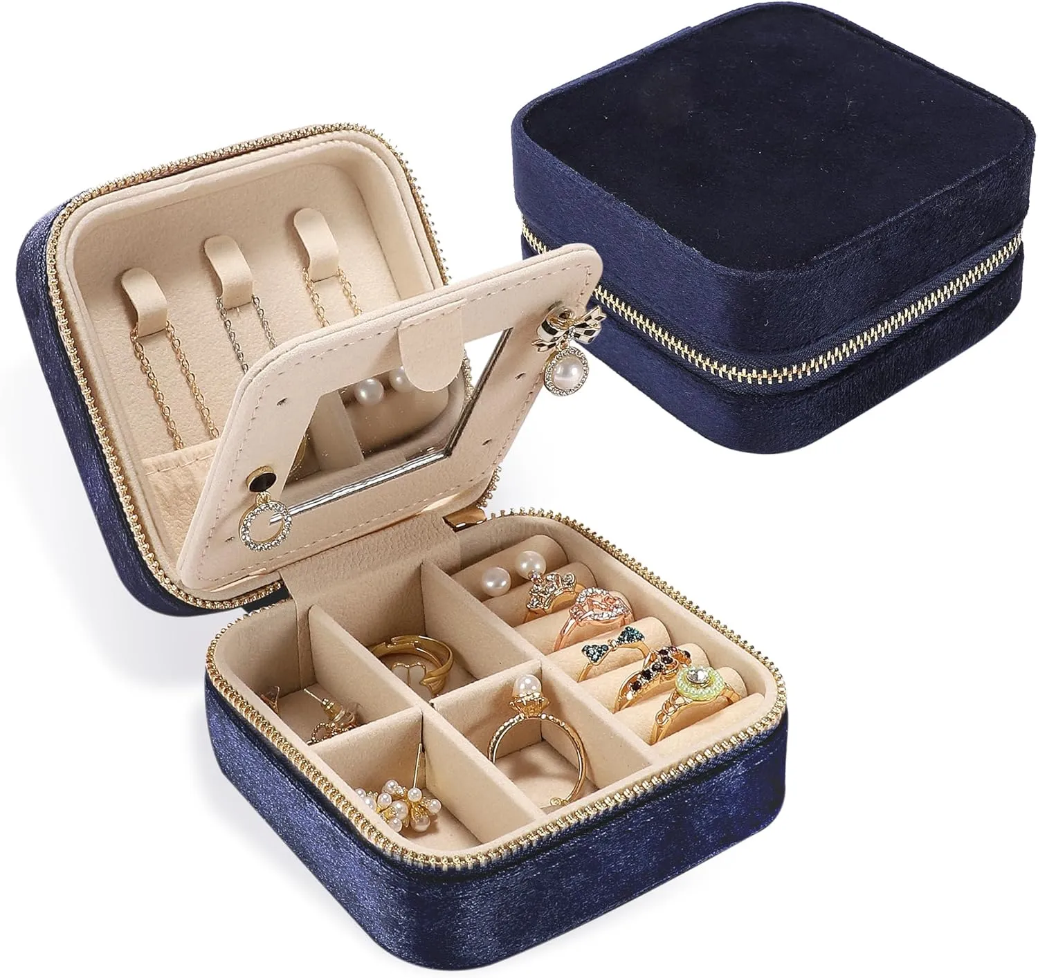 Plush Velvet Travel Jewelry Box for Women & Girls - Small Portable Organizer, Storage Case for Rings, Earrings, Necklaces & Bracelets  Ideal Gift for Travel & Occasions (Dark blue)