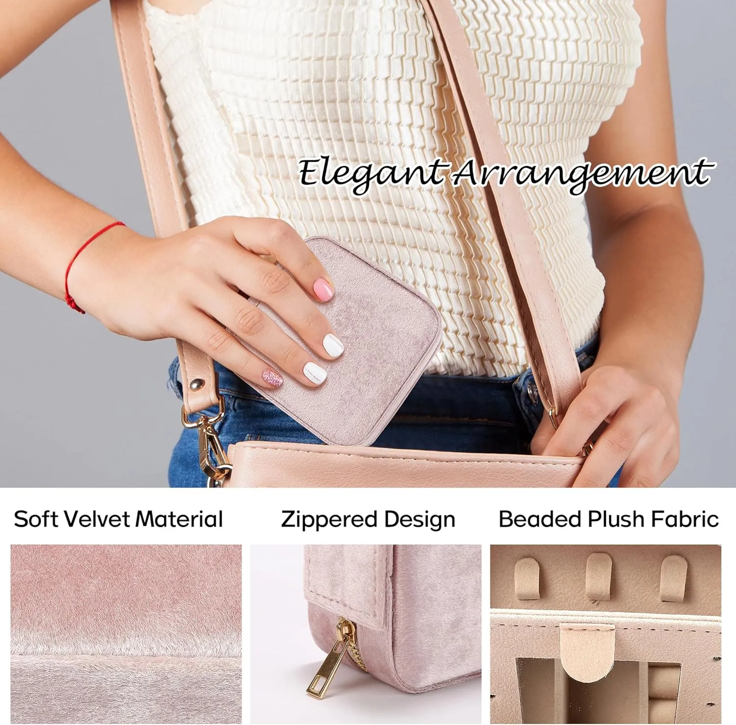 Plush Velvet Travel Jewelry Box for Women & Girls - Small Portable Organizer, Storage Case for Rings, Earrings, Necklaces & Bracelets  Ideal Gift for Travel & Occasions (Gray pink)