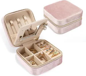 Plush Velvet Travel Jewelry Box for Women & Girls - Small Portable Organizer, Storage Case for Rings, Earrings, Necklaces & Bracelets  Ideal Gift for Travel & Occasions (Gray pink)