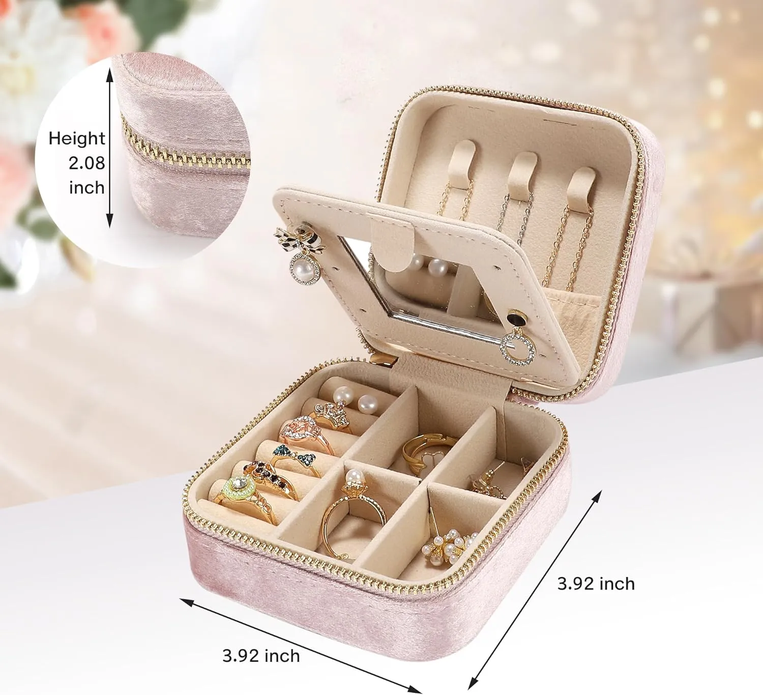 Plush Velvet Travel Jewelry Box for Women & Girls - Small Portable Organizer, Storage Case for Rings, Earrings, Necklaces & Bracelets  Ideal Gift for Travel & Occasions (Gray pink)