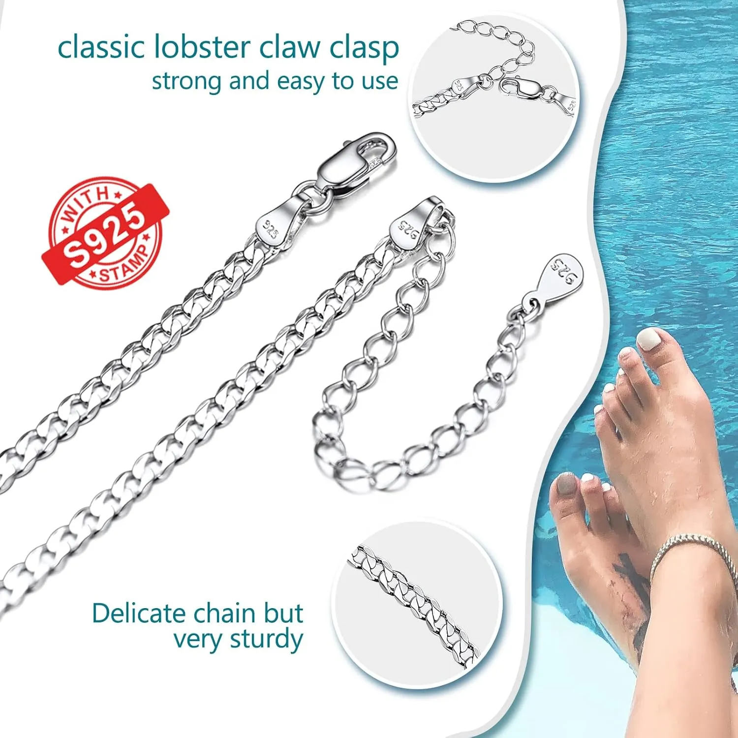 PROSILVER 925 Sterling Silver Ankle Bracelets For Women, Stylish Chain Anklets, Summer Beach Jewelry, 8.6-10.6 Inch Adjustable, Come with Box