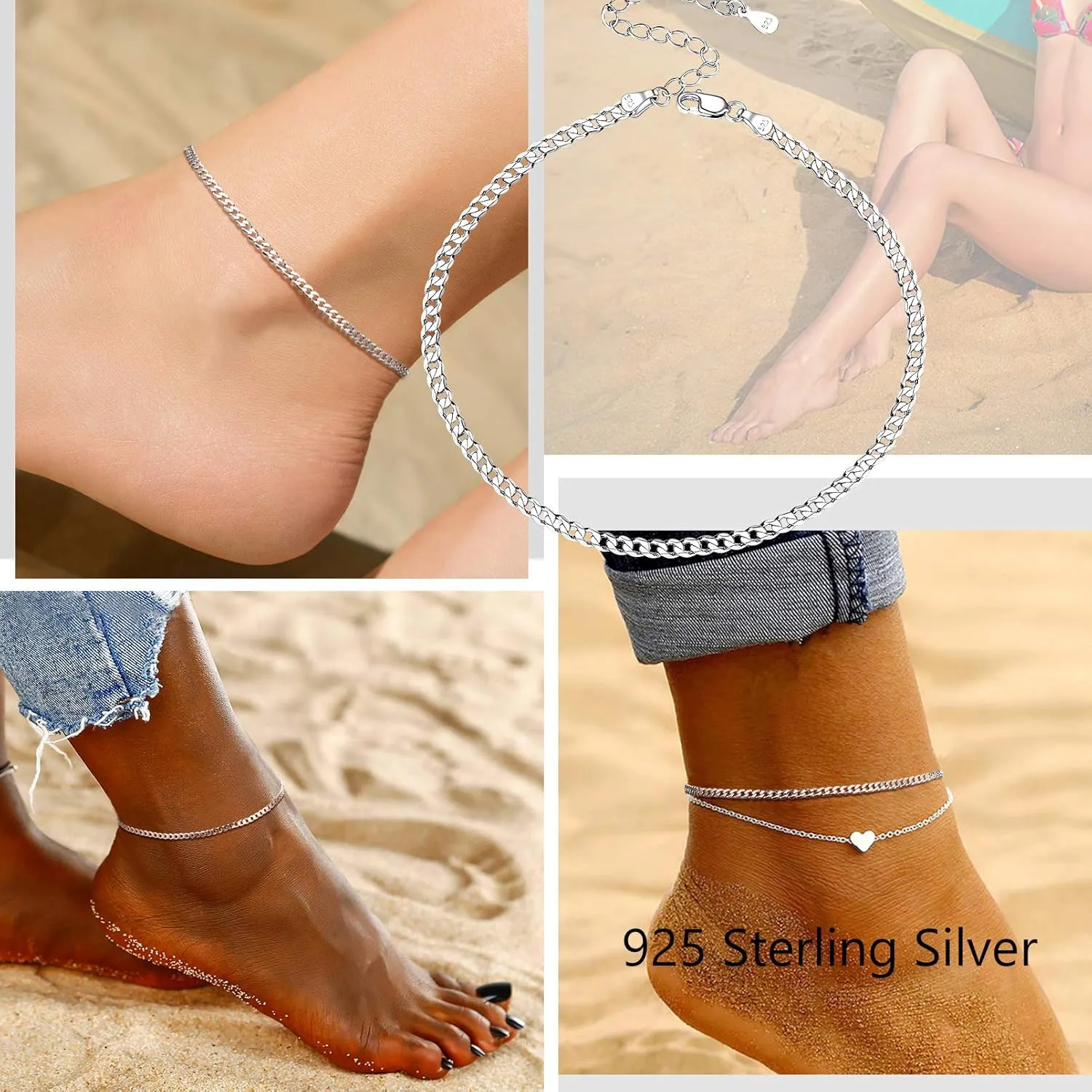 PROSILVER 925 Sterling Silver Ankle Bracelets For Women, Stylish Chain Anklets, Summer Beach Jewelry, 8.6-10.6 Inch Adjustable, Come with Box